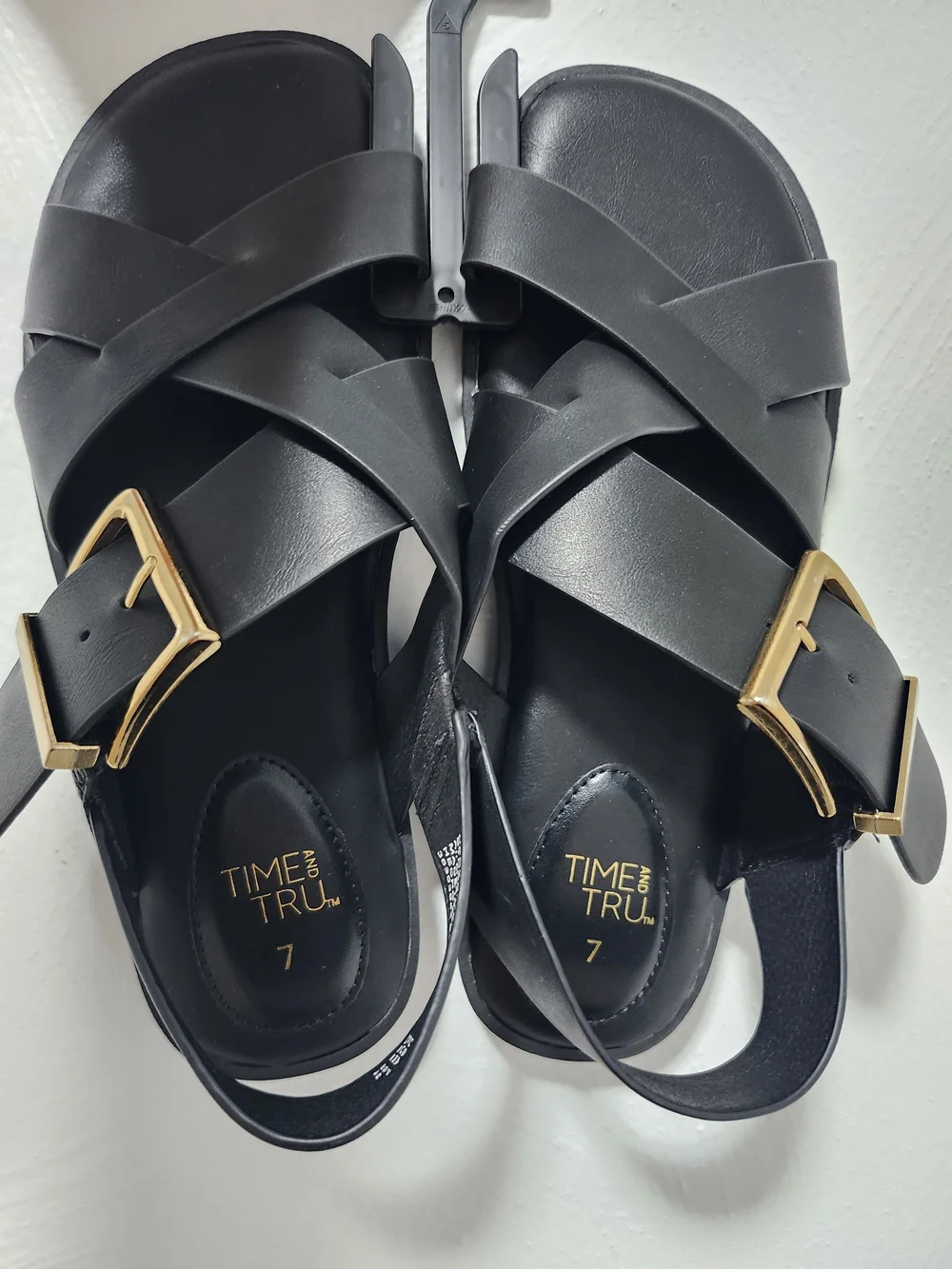 Time and Tru Black Cross-Strap Sandals with Gold Buckle